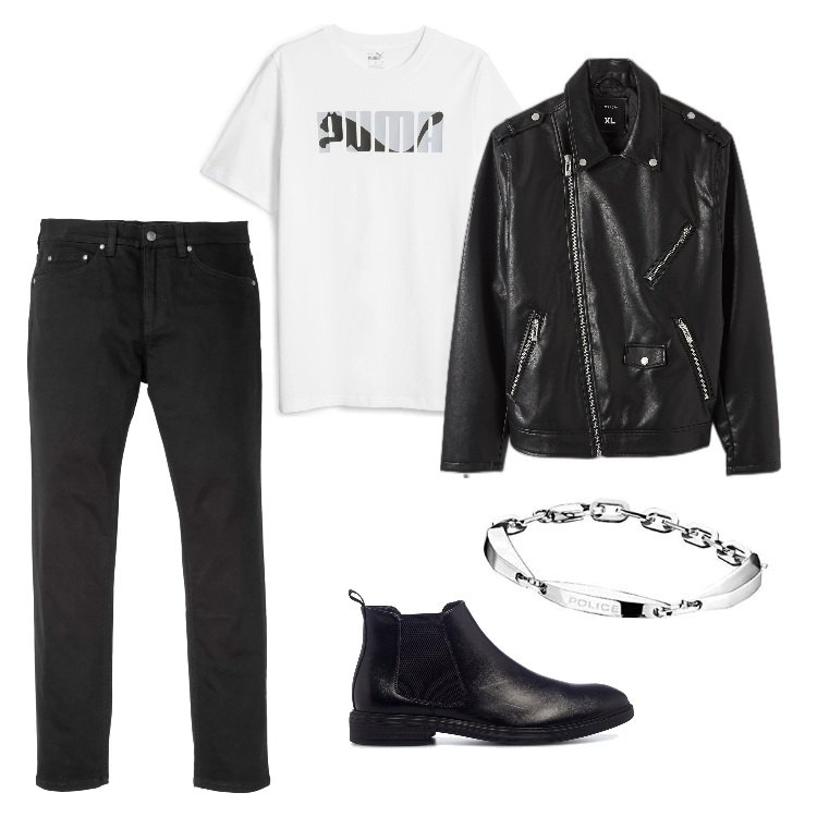 Outfit uomo - Perfetto con il chiodo. Stile Biker Rock per Tutti i giorni. Abbinamento con jeans slim fit, cappotti, stivali e stivaletti, t-shirt, braccialetti.
