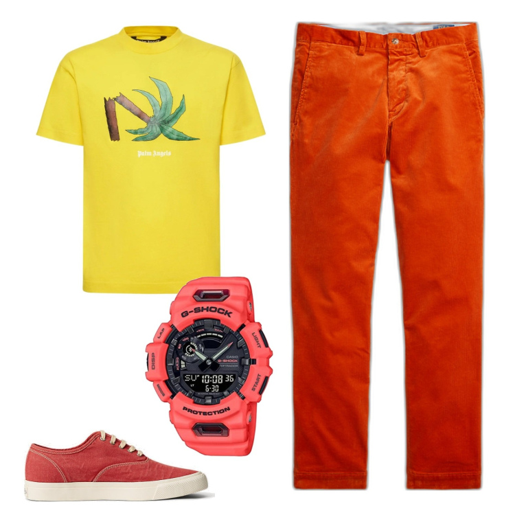 Outfit uomo - Colore estivo. Stile Casual per Tutti i giorni. Abbinamento con sneakers, pantaloni, t-shirt, orologi.