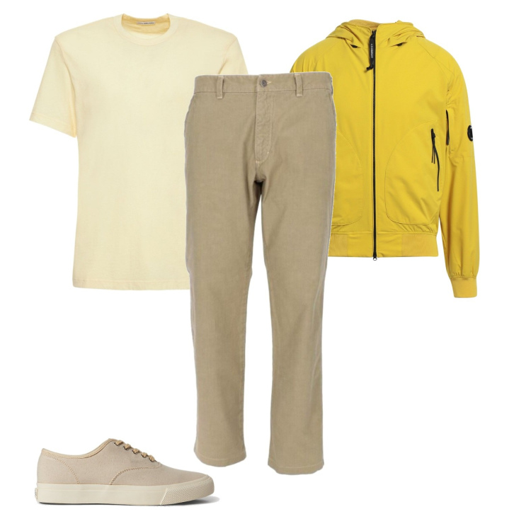 Outfit uomo - Colori chiari. Stile Casual per Tutti i giorni. Abbinamento con giacche, jeans dritti, sneakers, t-shirt.