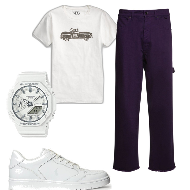 Outfit uomo - Semplice in bianco. Stile Casual per Tutti i giorni. Abbinamento con t-shirt, sneakers alte, pantaloni, orologi digitali.