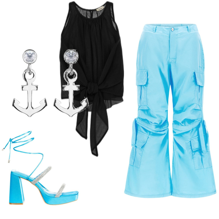 Outfit donna - Ancore. Stile Casual chic per Serata fuori. Abbinamento con pantaloni cargo, canottiere, sandali alla schiava, orecchini.