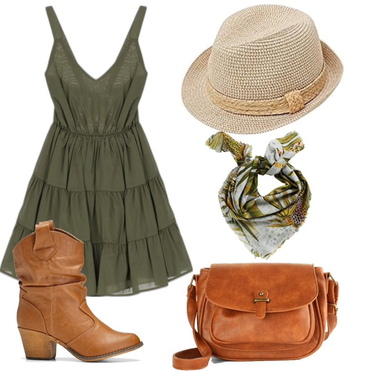 Outfit donna - Festa country. Stile Boho per Tutti i giorni. Abbinamento con borse a tracolla, stivaletti texani, vestiti corti, sciarpe, berretti.