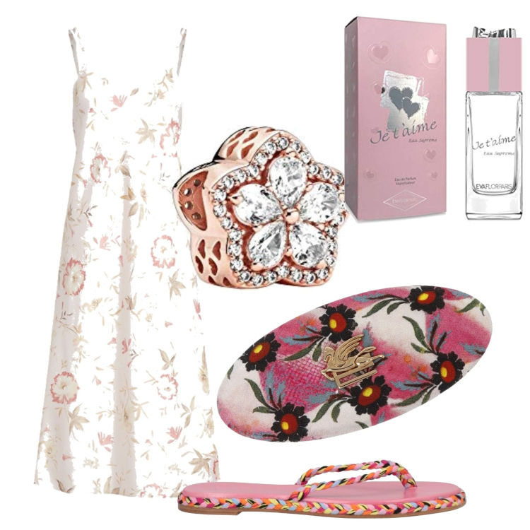 Outfit donna - Notte romantica. Stile Romantica per Tutti i giorni. Abbinamento con infradito, camicie da notte, braccialetti, profumi, accessori per capelli.