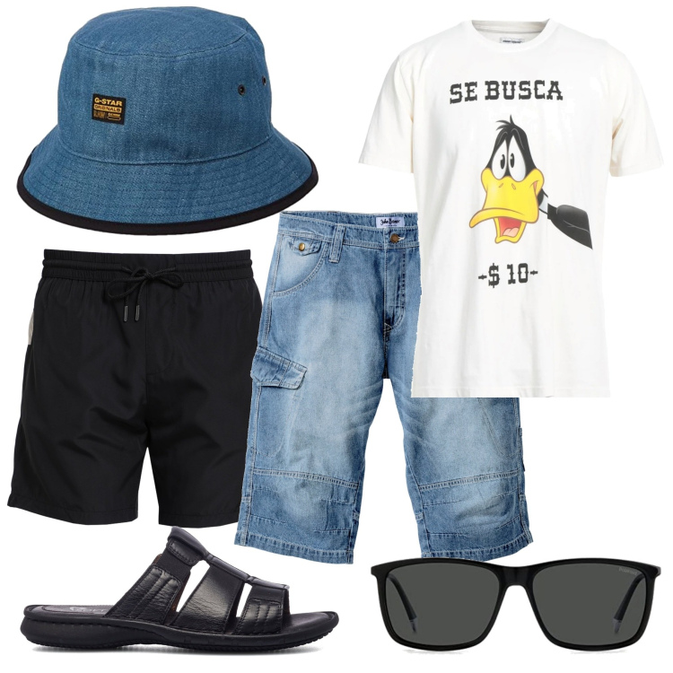 Outfit uomo - Ricercato. Stile Trendy per Mare. Abbinamento con bermuda, t-shirt, costumi, sandali, cappelli, occhiali da sole.