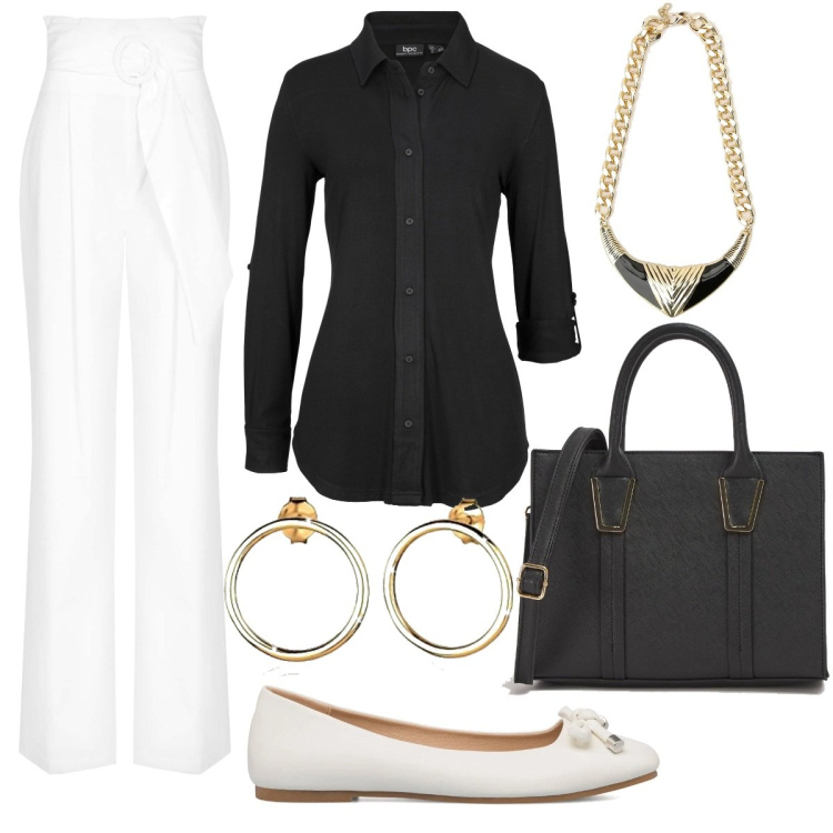 Outfit donna - Total look #1699775. Stile Preppy per Serata fuori. Abbinamento con camicie, shopping bag, pantaloni a palazzo, collane, ballerine, orecchini.