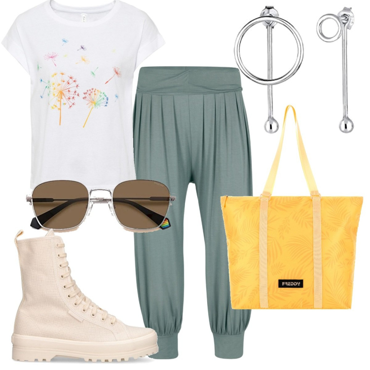 Outfit donna - Un giorno come tanti. Stile Casual per Tutti i giorni. Abbinamento con t-shirt, pantaloni, borse tote, sneakers alte, orecchini, occhiali da sole.