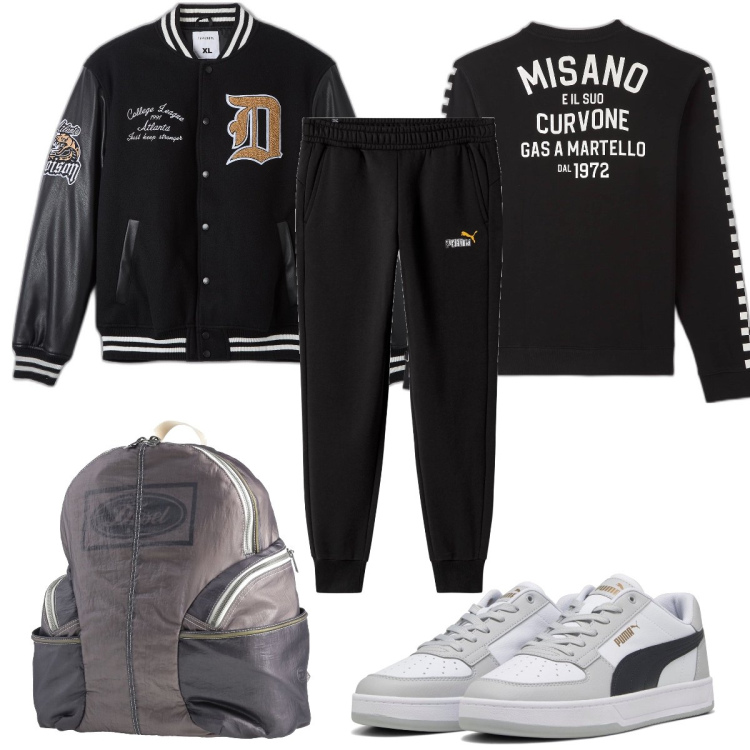 Outfit uomo - Total look #1699814. Stile Trendy per Sport. Abbinamento con borse sportive, felpe, bomber, sneakers, pantaloni.