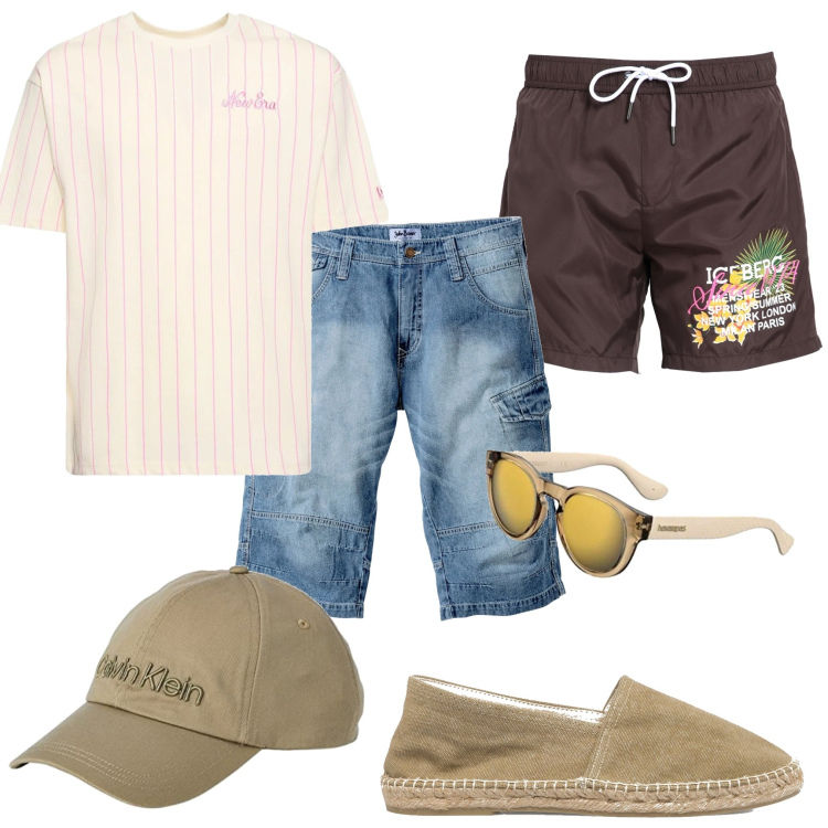 Outfit uomo - Ancora mare. Stile Trendy per Mare. Abbinamento con bermuda, costumi, espadrillas, cappelli, occhiali da sole, t-shirt.