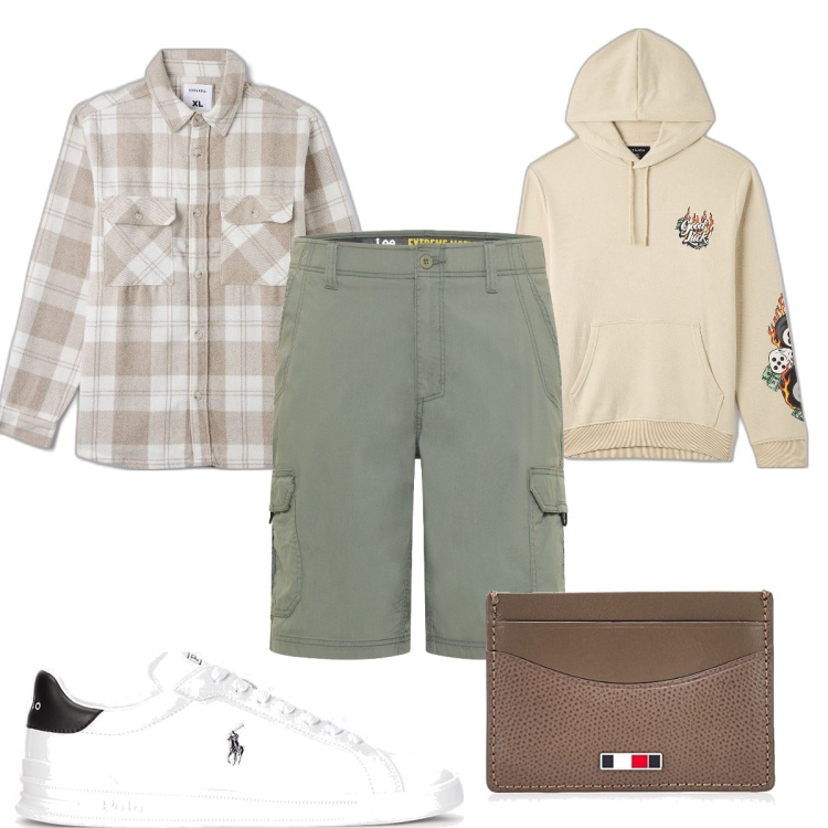 Outfit uomo - Total look #1699830. Stile Trendy per Tutti i giorni. Abbinamento con cappotti, felpe con cappuccio, sneakers, shorts, portafogli.