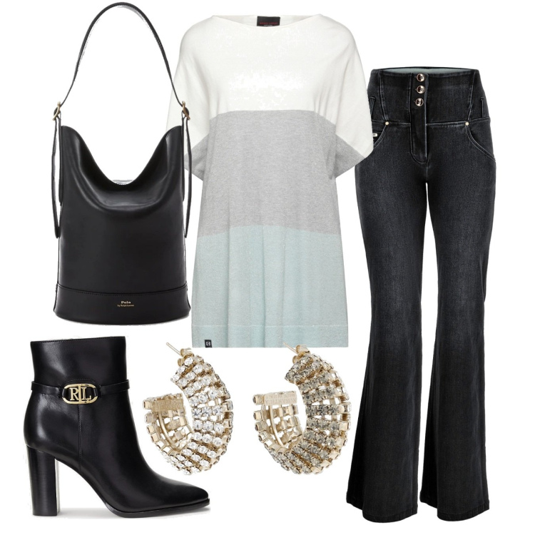 Outfit donna - Shopping mattutino e brunch. Stile Casual chic per Tutti i giorni. Abbinamento con pullovers, jeans a zampa, borse a secchiello, stivaletti, orecchini.