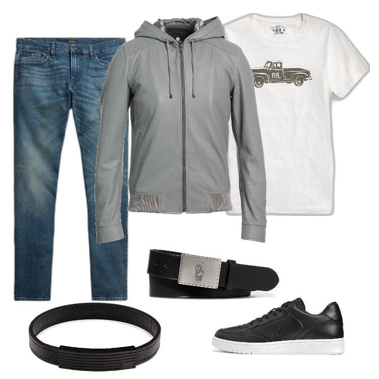 Outfit uomo - Fuori città. Stile Casual per Tutti i giorni. Abbinamento con giacche, t-shirt, cinture, sneakers, jeans, braccialetti.