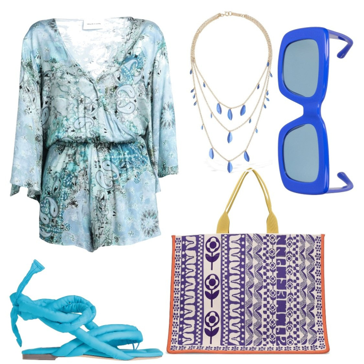 Outfit donna - Un pochino etnica in vacanza. Stile Etnico per Mare. Abbinamento con infradito, tute, occhiali da sole, shopping bag, collane.