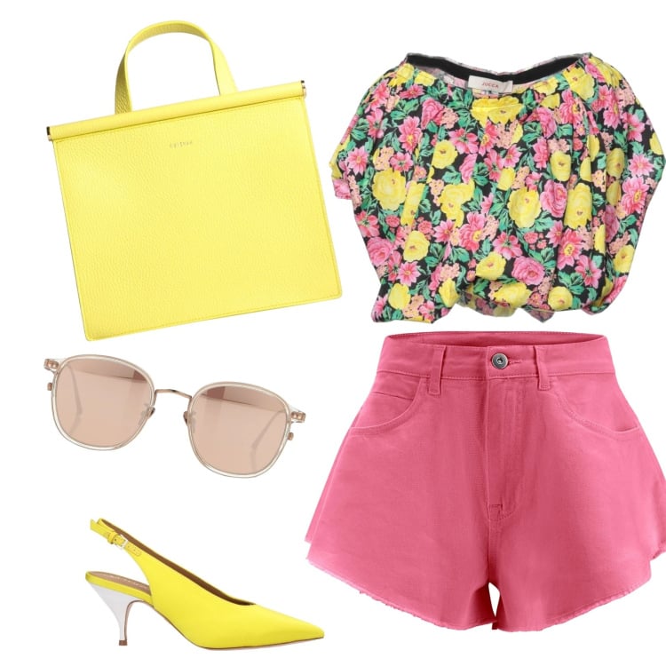 Outfit donna - Estate. Stile Casual chic per Tutti i giorni. Abbinamento con borse a mano, décolleté, bluse, occhiali da sole, shorts.