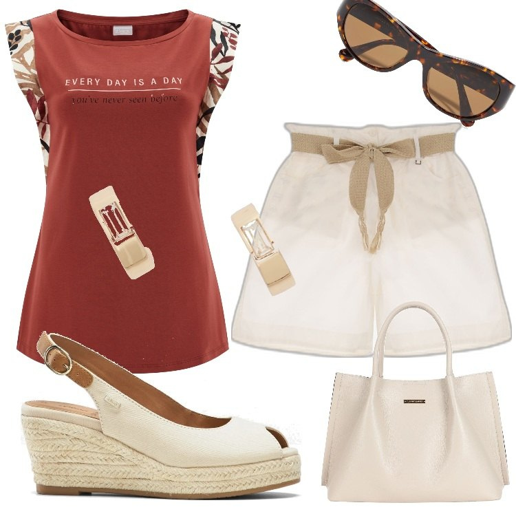 Outfit donna - Città da ....safari!. Stile Casual per Tutti i giorni. Abbinamento con sandali, occhiali da sole, borse a mano, bermuda, t-shirt, orecchini.
