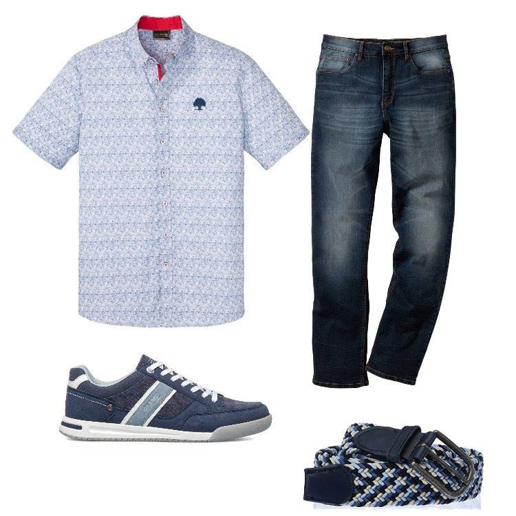 Outfit uomo - Una sagra tira l\'altra. Stile Casual per Tutti i giorni. Abbinamento con jeans dritti, camicie a manica corta, sneakers, cinture.
