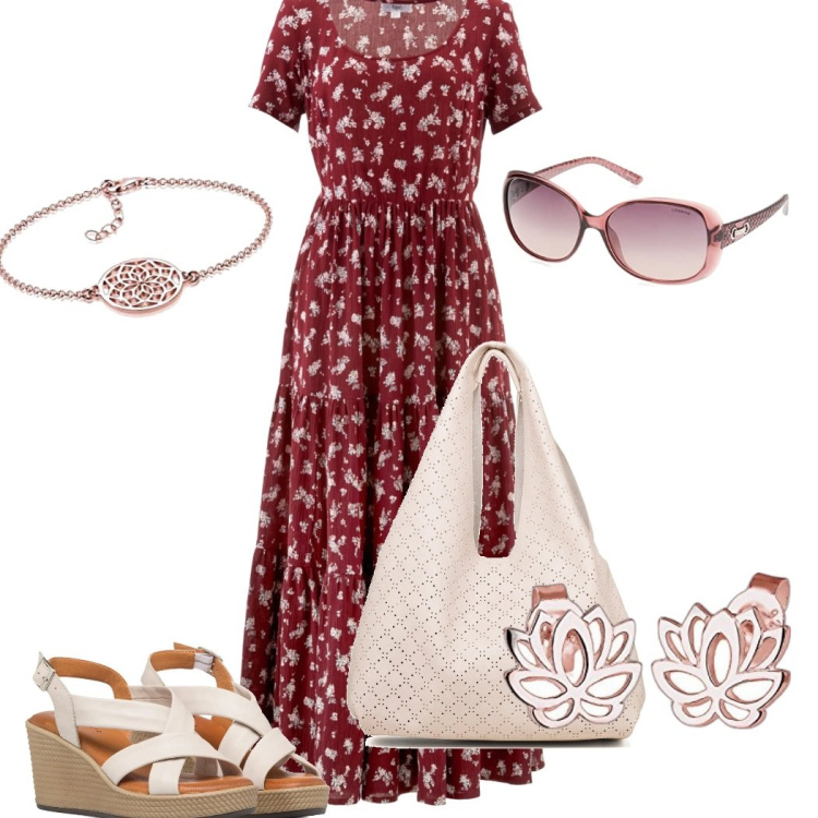 Outfit donna - Fiorellini sul vestito. Stile Casual chic per Tutti i giorni. Abbinamento con vestiti lunghi, borse a spalla, sandali in pelle, orecchini, occhiali da sole, braccialetti.