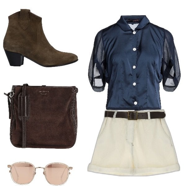 Outfit donna - New country girl. Stile Casual chic per Tutti i giorni. Abbinamento con camicie a manica corta, stivaletti chelsea, borse a tracolla, occhiali da sole, bermuda.