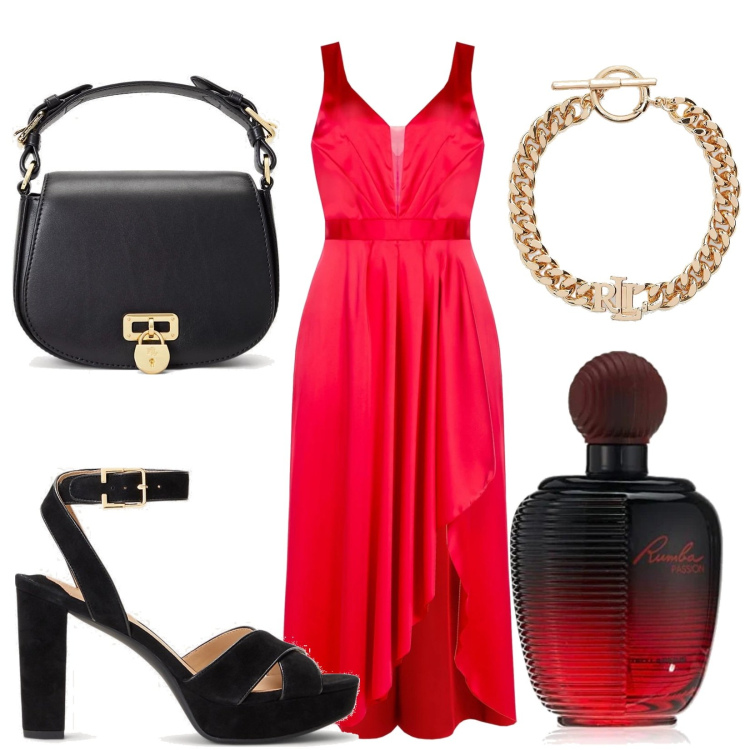 Outfit donna - Total look #1699990. Stile Chic per Serata fuori. Abbinamento con vestiti asimmetrici, borse a tracolla, braccialetti, sandali, profumi.