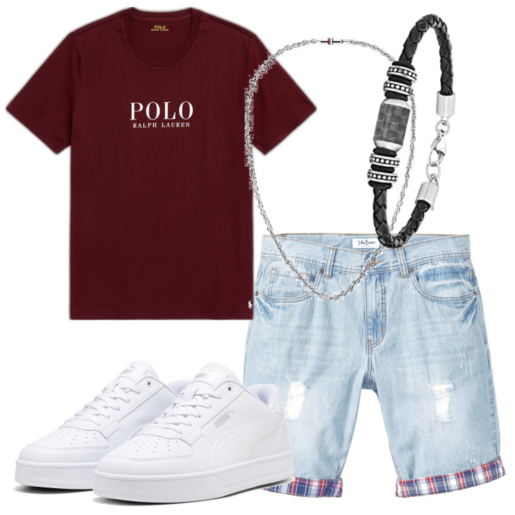 Outfit uomo - Estate giovanile. Stile Casual per Tutti i giorni. Abbinamento con bermuda, t-shirt, sneakers, collane, braccialetti.