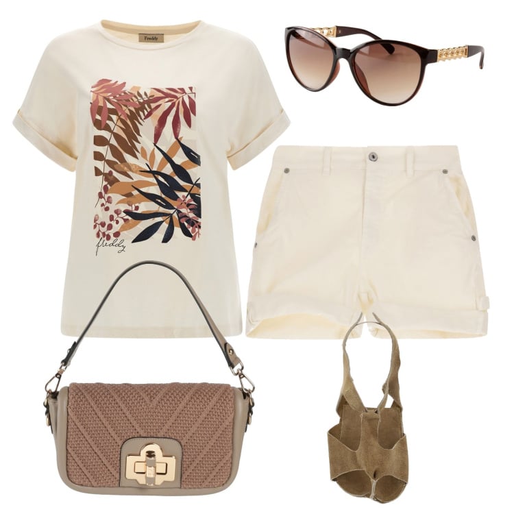 Outfit donna - Semplicissimo: shorts e t-shirt. Stile Casual per Tutti i giorni. Abbinamento con occhiali da sole, borse a mano, shorts, sandali, t-shirt.