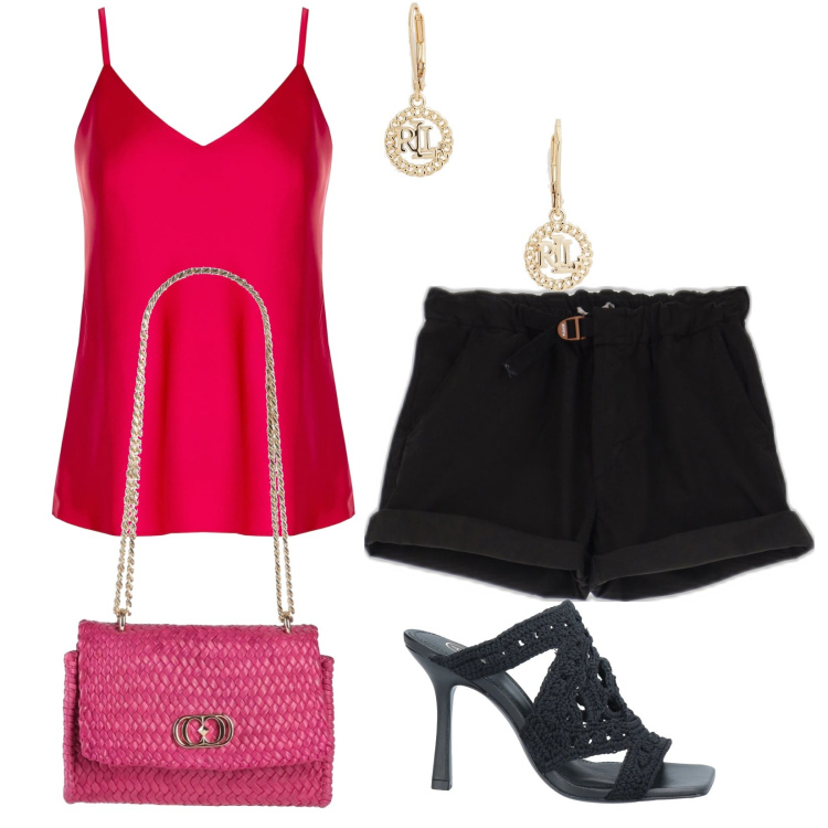 Outfit donna - Shorts anche di sera. Stile Glamour per Serata fuori. Abbinamento con sandali in pelle, borse a mano, shorts, top, orecchini.