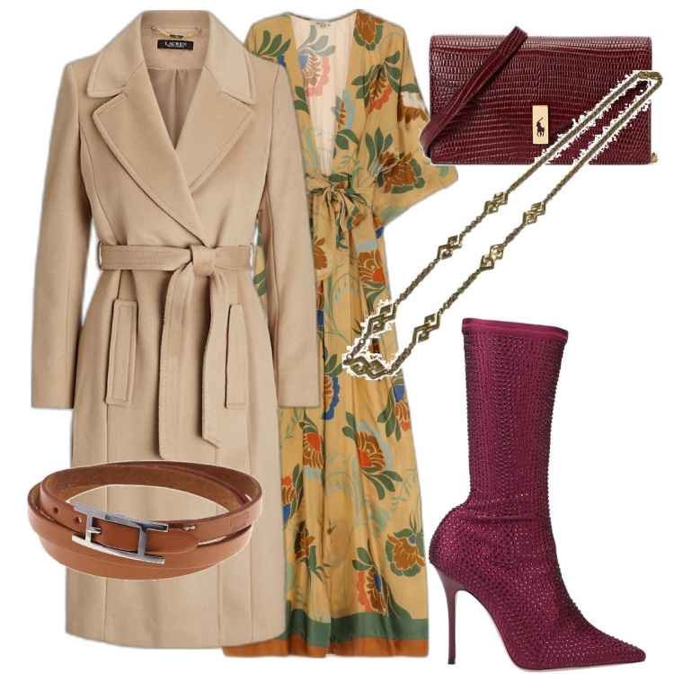 Outfit donna - BB beige e Bordeaux. Stile Casual chic per Ufficio. Abbinamento con stivali, collane, braccialetti, tute, cappotti, clutch.