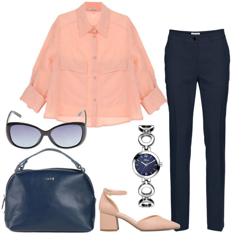 Outfit donna - Rientro in ufficio. Stile Casual chic per Ufficio. Abbinamento con pantaloni, borse a mano, camicie, décolleté, orologi, occhiali da sole.