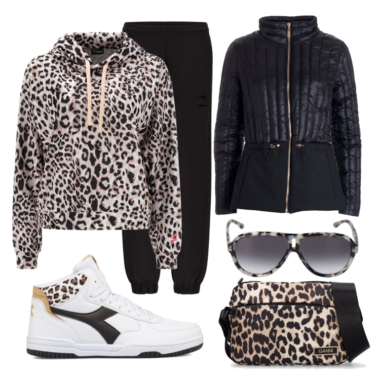 Outfit donna - Instinct Animal. Stile Casual per Tutti i giorni. Abbinamento con piumini, pantaloni, felpe con cappuccio, sneakers alte, borse a spalla, occhiali da sole.