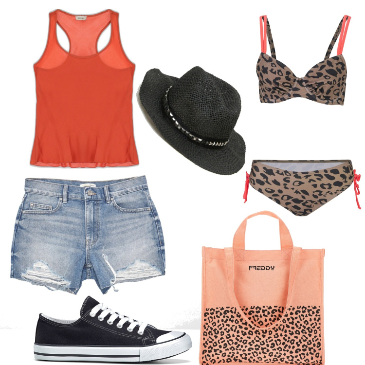 Outfit donna - Al mare con le sneakers. Stile Sporty chic per Mare. Abbinamento con bikini, scarpe sportive, pantaloni corti, shopping bag, cappelli, canottiere.