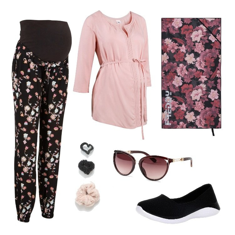 Outfit donna - Esercizi preparto. Stile Sporty chic per Tutti i giorni. look ideale per Premaman. Abbinamento con pantaloni, occhiali da sole, tuniche, accessori per capelli, pochette, ballerine.