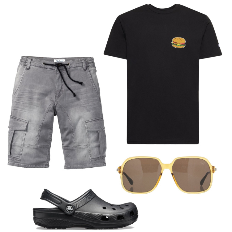 Outfit uomo - Style. Stile Trendy per Tutti i giorni. Abbinamento con bermuda, occhiali da sole, sandali, t-shirt.