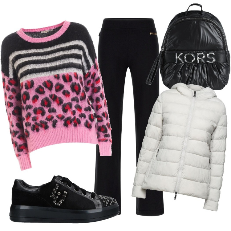 Outfit donna - La sneakers nera. Stile Sporty chic per Scuola/Università. Abbinamento con zaini, sneakers, piumini, maglieria, pantaloni a palazzo.