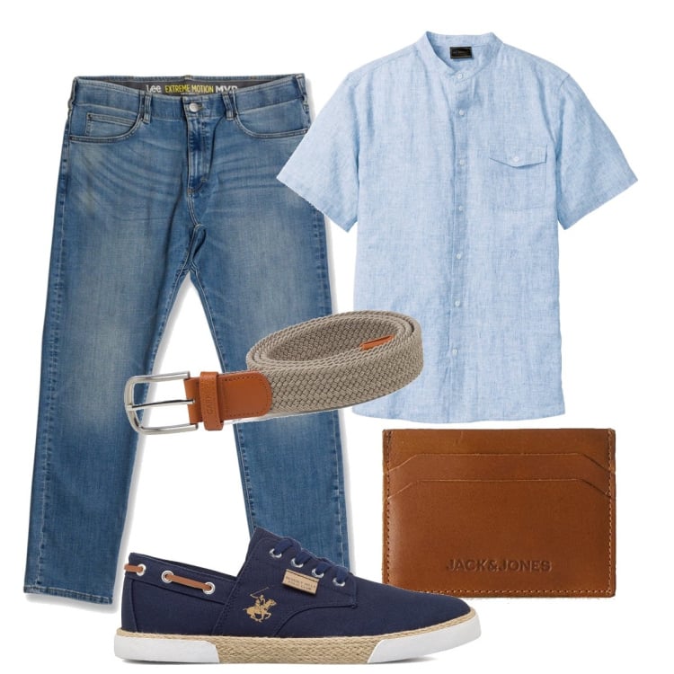 Outfit uomo - Total look #1700122. Stile Casual per Tutti i giorni. Abbinamento con camicie a manica corta, sneakers, jeans slim fit, cinture, portafogli.