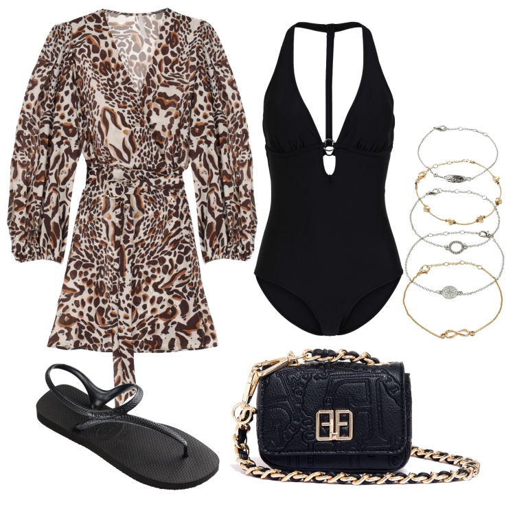 Outfit donna - Total look #1700127. Stile Trendy per Mare. Abbinamento con costumi interi, braccialetti con ciondoli, marsupi, vestiti corti, infradito.