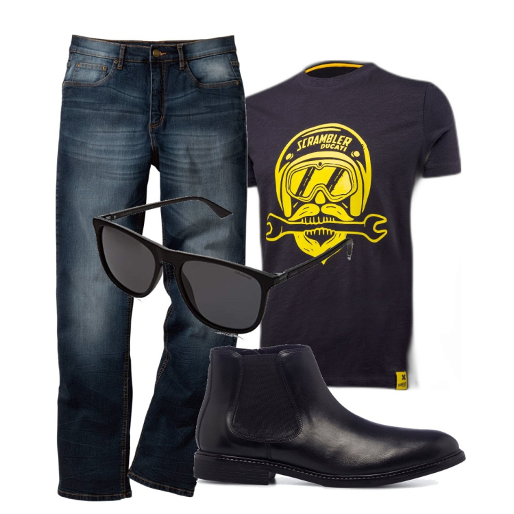 Outfit uomo - Total look #1700141. Stile Biker Rock per Tutti i giorni. Abbinamento con jeans dritti, stivali e stivaletti, t-shirt, occhiali da sole.