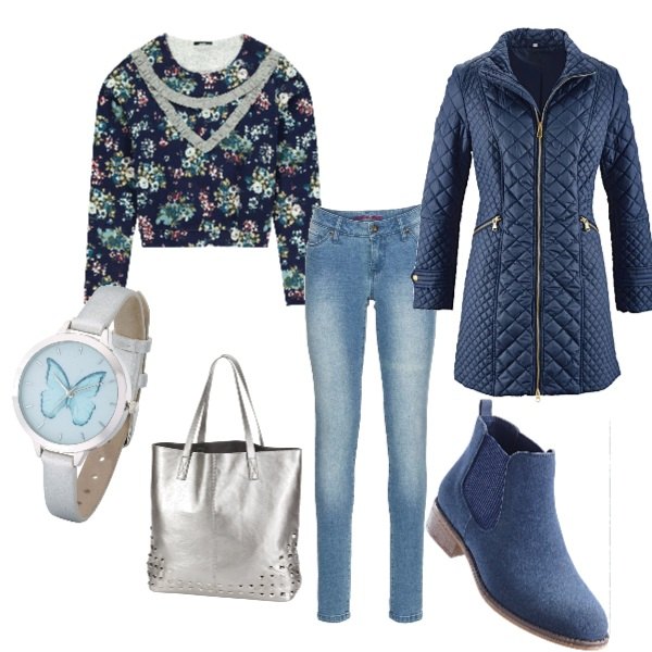 Outfit donna - Prendere il treno con chic. Stile Trendy per Tutti i giorni. Abbinamento con blazer, stivaletti chelsea, shopping bag con borchie, jeans skinny a punta blu, orologio farfalla oro e argento e pastello, felpa con cerchi e ruches girocollo.