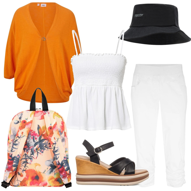 Outfit donna - Un giorno di pioggia. Stile Glamour per Tutti i giorni. Abbinamento con pantaloni, cardigans, top, zaini, cappelli, sandali in pelle.