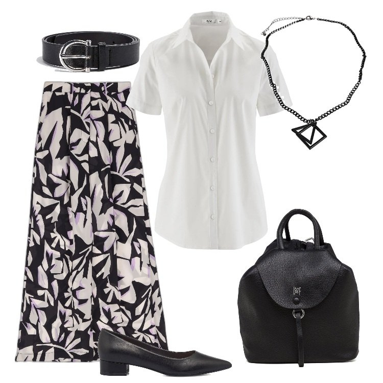 Outfit donna - In bianco e nero. Stile Casual chic per Scuola/Università. Abbinamento con camicie a manica corta, cinture, pantaloni a palazzo, décolleté, zaini, collane.