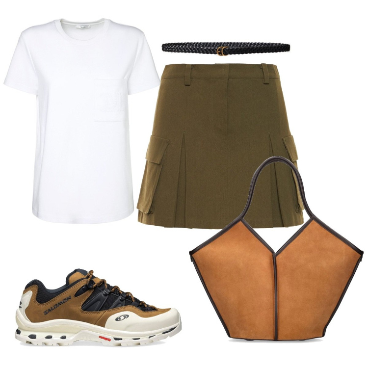 Outfit donna - Strange. Stile Trendy per Tutti i giorni. Abbinamento con cinture, sneakers, borse a spalla, minigonne, t-shirt.