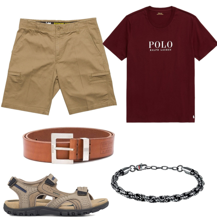 Outfit uomo - La t-shirt bordeaux. Stile Trendy per Tutti i giorni. Abbinamento con cinture, t-shirt, shorts, sandali, braccialetti.