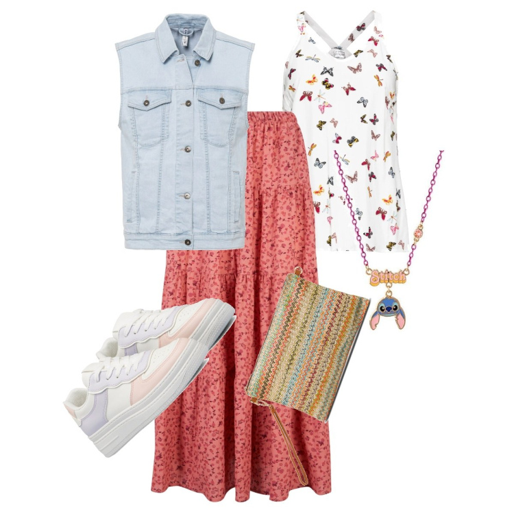 Outfit donna - Di buon umore anche se piove!. Stile Casual chic per Tutti i giorni. Abbinamento con top, gilet, gonne lunghe, sneakers, pochette, collane.