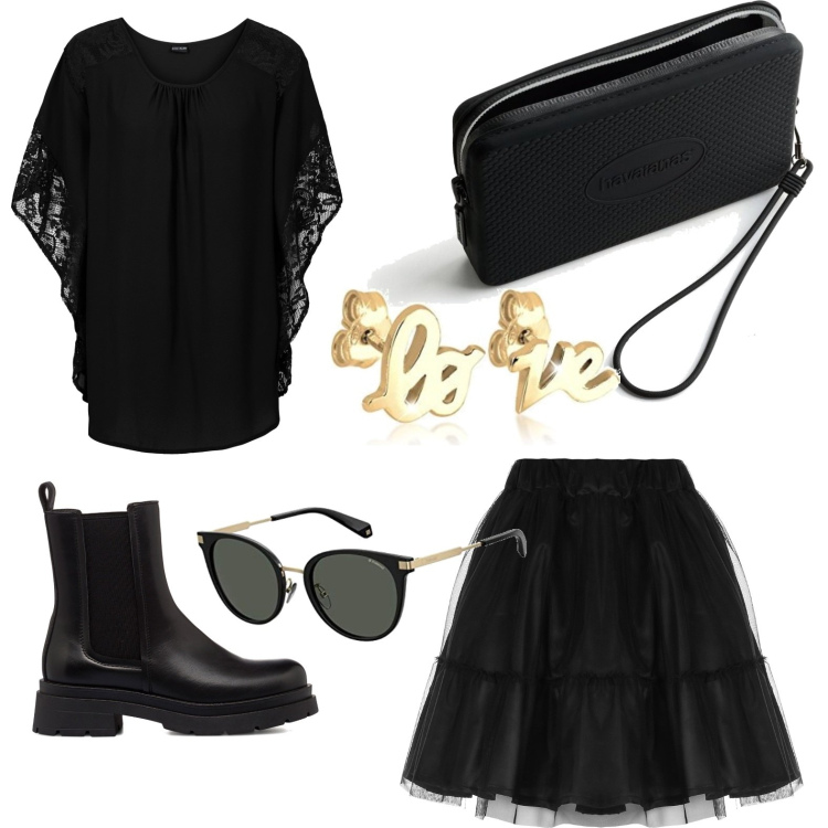 Outfit donna - appuntamento al buio. per Tutti i giorni. Abbinamento con bluse, minigonne, stivaletti, pochette, occhiali da sole, orecchini.