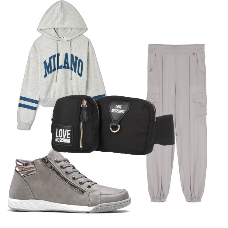 Outfit donna - Total look #1700414. Stile Urban per Tutti i giorni. Abbinamento con sneakers alte, marsupi, felpe con cappuccio, pantaloni.