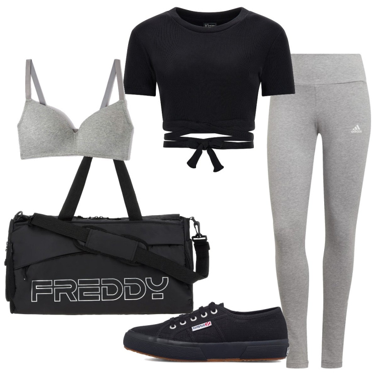 Outfit donna - Momento sport. Stile Basic per Sport. Abbinamento con reggiseni, borse sportive, top, leggings, sneakers.