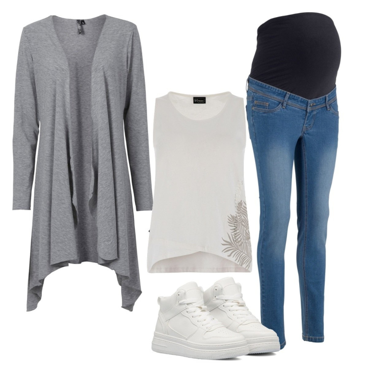 Outfit donna - Total look #1700498. Stile Urban per Tutti i giorni. look ideale per Premaman. Abbinamento con cardigans, jeans skinny, canottiere, sneakers alte.