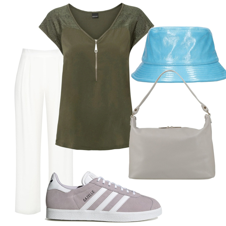 Outfit donna - Detesto gli ombrelli. Stile Casual per Tutti i giorni. Abbinamento con t-shirt, borse a spalla, pantaloni a palazzo, sneakers, cappelli.