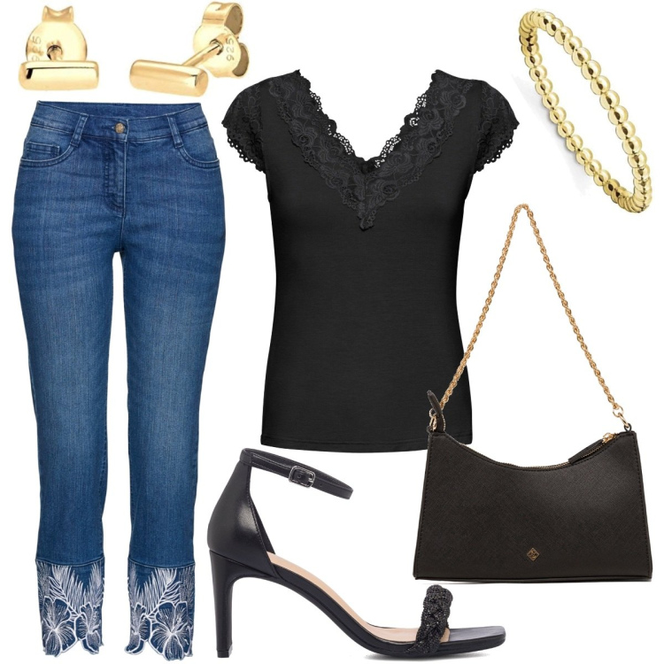 Outfit donna - Total look #1700507. Stile Casual chic per Serata fuori. Abbinamento con maglieria, jeans, sandali in pelle, borse a tracolla, orecchini, anelli.