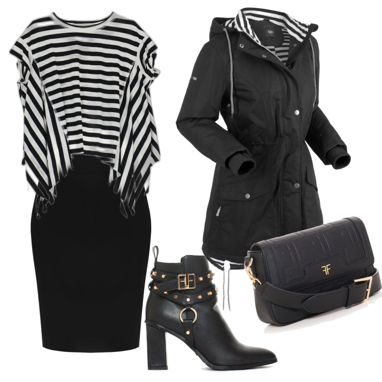 Outfit donna - Una giornata piovosa. Stile Casual chic per Tutti i giorni. Abbinamento con blazer, gonne, stivaletti, borse a spalla, t-shirt.