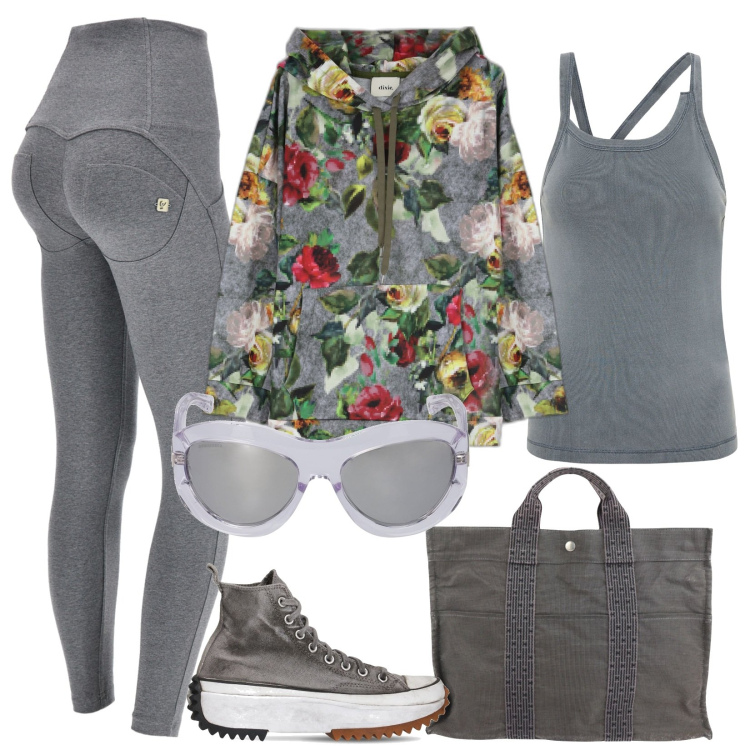 Outfit donna - La felpa a fiori, tutti i giorni. Stile Sporty chic per Tutti i giorni. Abbinamento con borse a mano, pantaloni skinny, felpe con cappuccio, sneakers, occhiali da sole, canottiere.