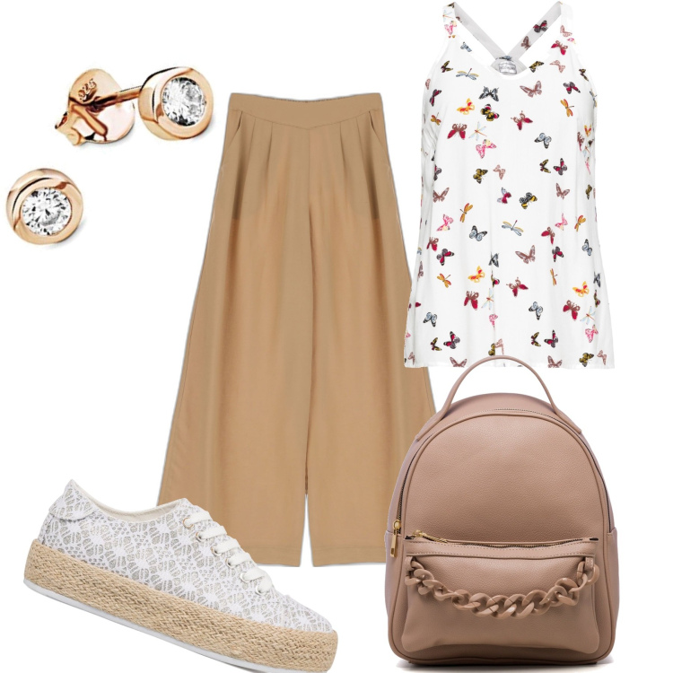 Outfit donna - Farfalline sul top. Stile Bon Ton per Scuola/Università. Abbinamento con top, pantaloni a palazzo, sneakers alte, zaini, orecchini.